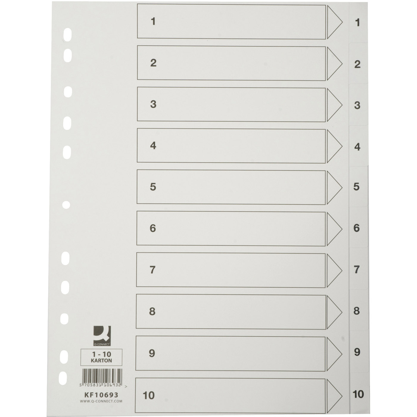 Q-connect register i A4 1-10 i karton i farven hvid
